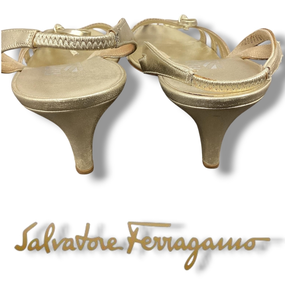 Salvatore FERRAGAMO Gold Kitten Heel Women's Leather Metallic Slingback Sandals - Picture 4 of 11